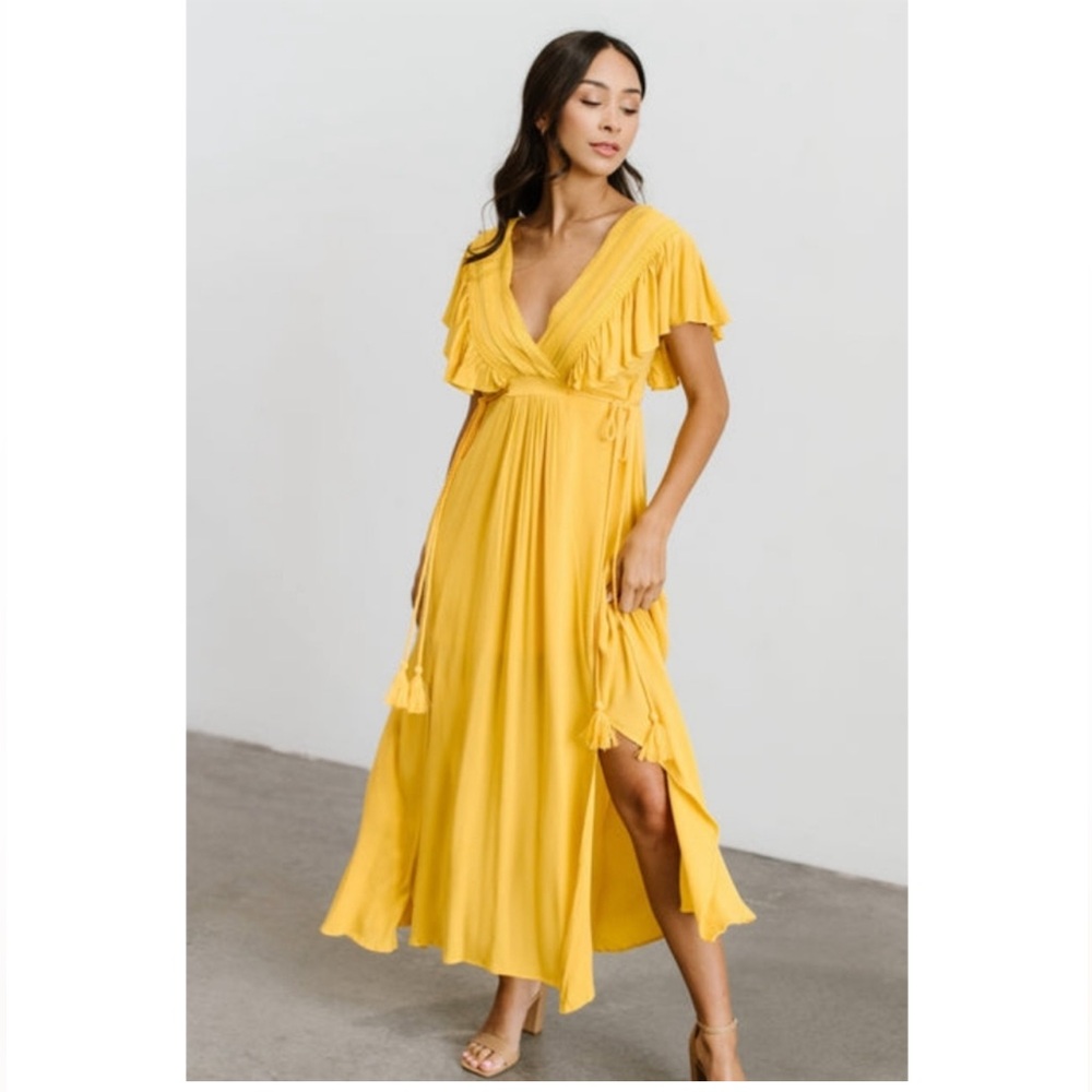 Baltic Born Yellow Ruffled Tie Front Maxi Dress